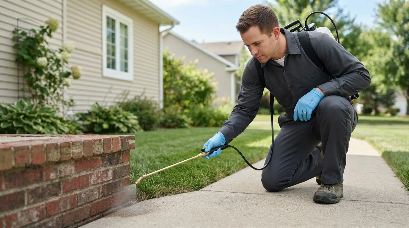 Pest control technician treating a home near Ingram, TX